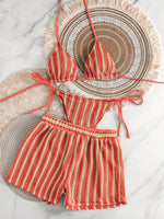New Retro 3 Pieces Knitted Mesh String Bikini Set Swimsuit Women Blue Striped Swimwear with Shorts Beach Wear Boho Bathing Suit