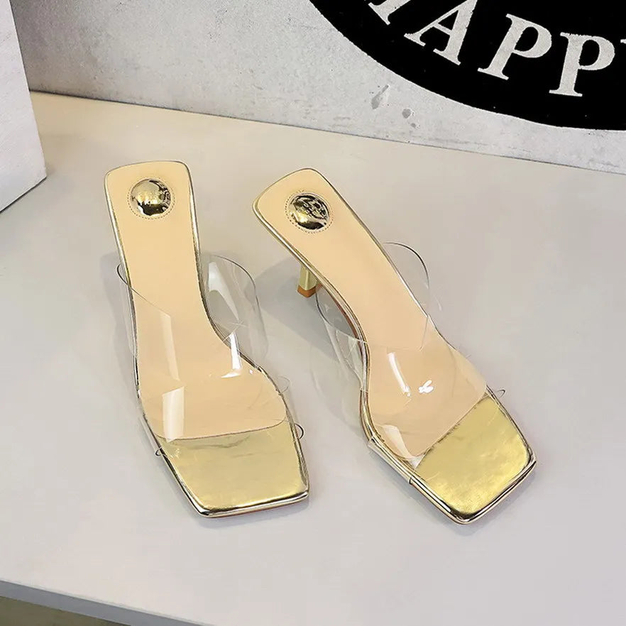 BIGTREE Sexy Silver PVC Transparent Crystal Womens Slippers 2026 Summer Square Toe Thin High Heels Sandals Ladies Shoes
