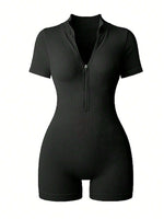 Women's Solid Color Half Zip Ribbed Knit Short Sleeve Romper Sports Soft Slim Fit Mock Neck Jumpsuit Streetwear 2025 Summer