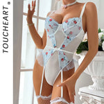 Toucheart Women Sexy Bodysuit Lace Printing See-through Skinny Plunge Romantic Hot Girls Interesting Leisure Sling Jumpsuit Set