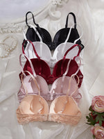 3Pcs-5Pcs Women's Bra with Patterned Engraved Cups, Sexy Lace Minimizer Bra, Underwire Push-Up Fashionable Women's Intimate Underwear