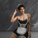 Cross-border Sexy Pure Desire Men Cosplay Stretch Milk Silk Lace Suspender Skirt and Lace Apron Valet Lingerie Uniform Set