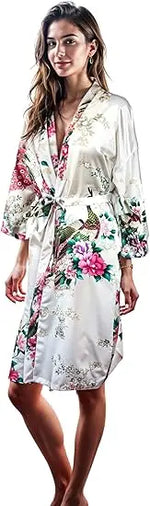 Lace Up Woman Peacock Print Japanese Kimono Yukata Silk Satin Short Style Sleepwear Home Nightgown Bath Robe Costume