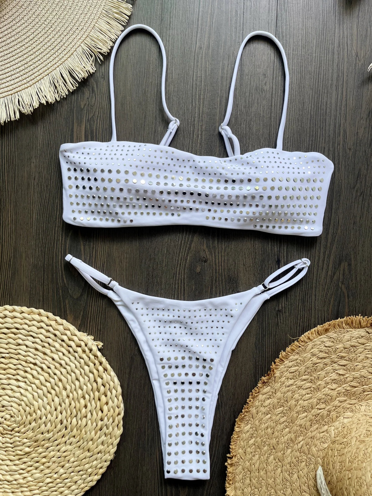 Black rhinestone process bikini sexy thong split swimsuit 2-piece beach set