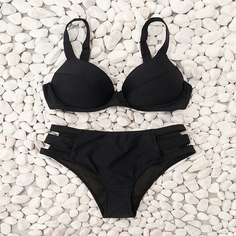 Solid Color Black Two Piece Swimsuit for Women Sexy Underwire V-neck Suspender Backless Bikini Set High Waist Beach Swimwear