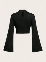 Casual Black Mock Neck Flare Long Sleeve Crop Top Women Fall Winter Y2K Clothes Solid Color Slim Fit Tee Shirt Blouse Streetwear