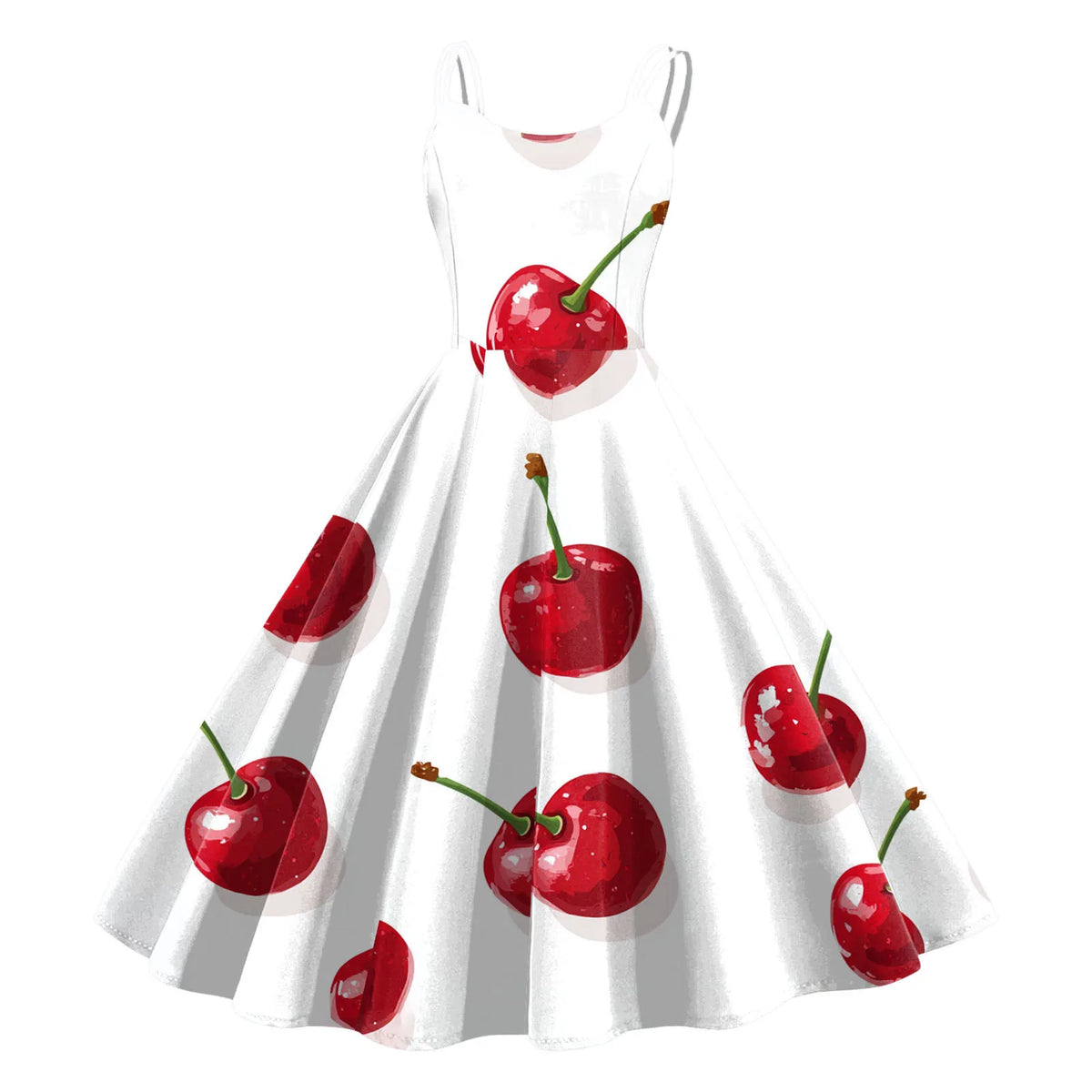 Vintage Fruit Print Dress For Women Elegant High Waist A Line Swing Dress Rockabilly 60s 50s Retro Spaghetti Strap Maxi Robe