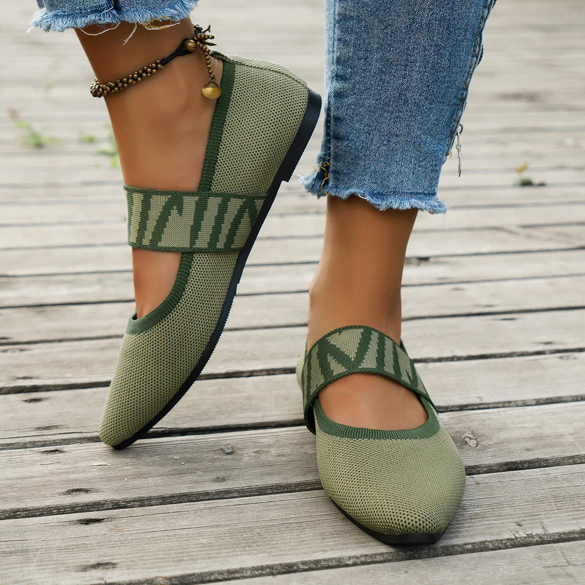 Knitted Color-block Women's Flat Shoes Dressy Ballet Flats Casual striped straps Pointed Toe Loafers Female Daily Shoes Big Size
