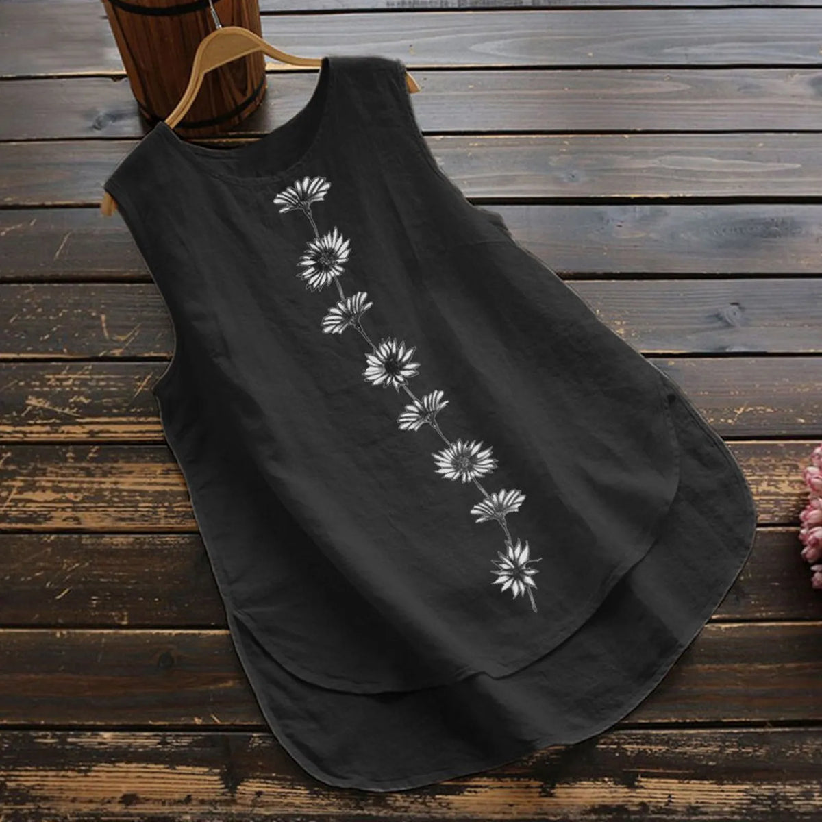 Women Vintage Cotton Linen Tanks Tops Round Neck Floral Print Shirt Summer Sleeveless Blouse Elegant Female Casual Loose Tops