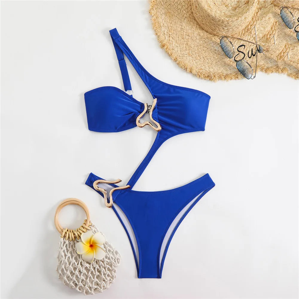 Sexy Black One Shoulder Swimwear One Piece Swimsuit Women 2026 Hollow Out Monokini Metal Ring High Cut Bathing Suit Swim Wear