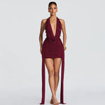 FDYOUI Elegant Halter Neck Water Drop Decoration Party Club Dress for Women 2026 Backless Bandage Folds Short Evening Dresses