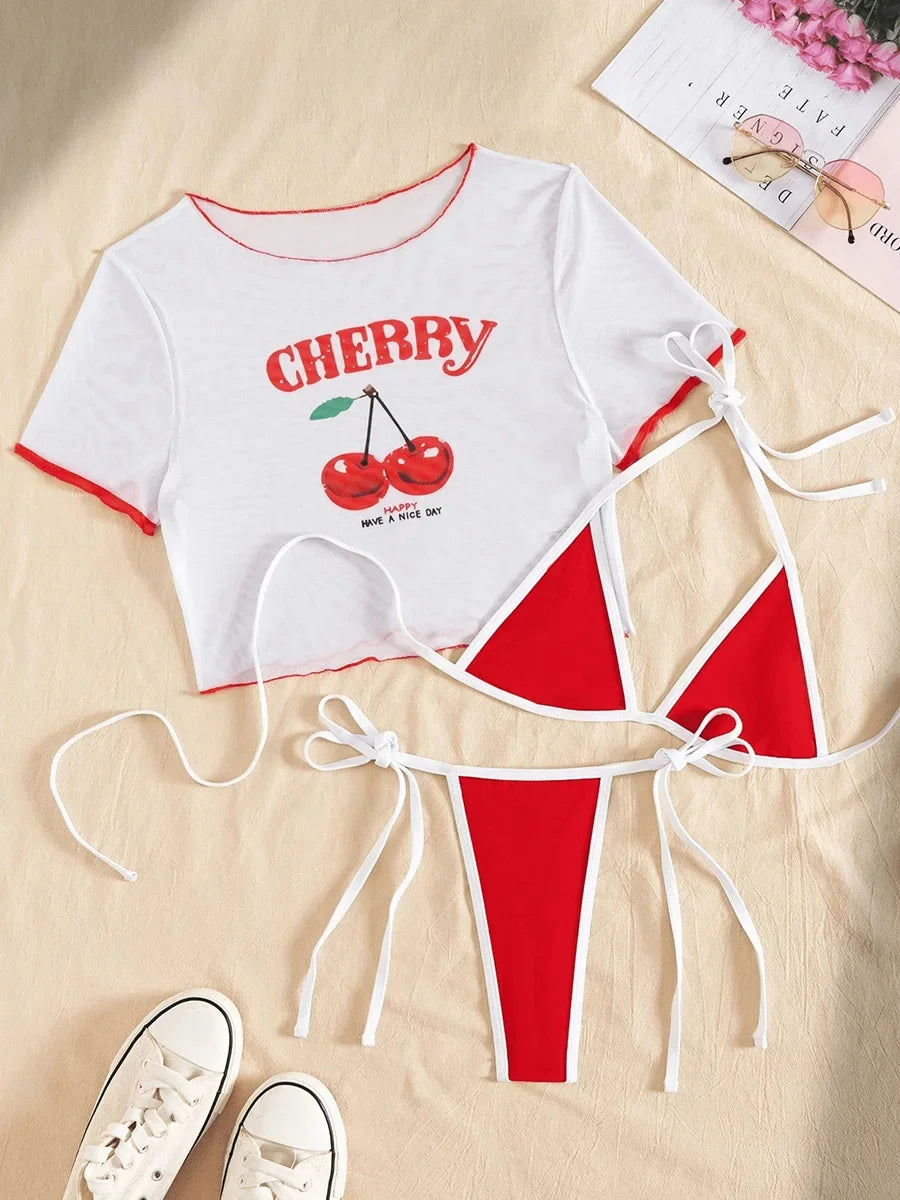 Cherry Print Mesh Short Sleeve Mini Bikini Female Swimsuit Women Swimwear Three-pieces Bikini Set Bathing Suit Swim Beachwear