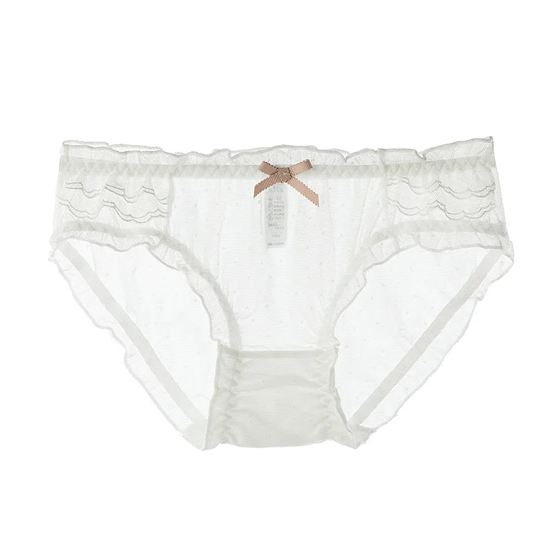 Cute Bowknot Girl's Knickers Transparent Mesh Yarn Ladies Panties Elastic Ruffled Edge Seamless Cotton Crotch Women's Brieifs