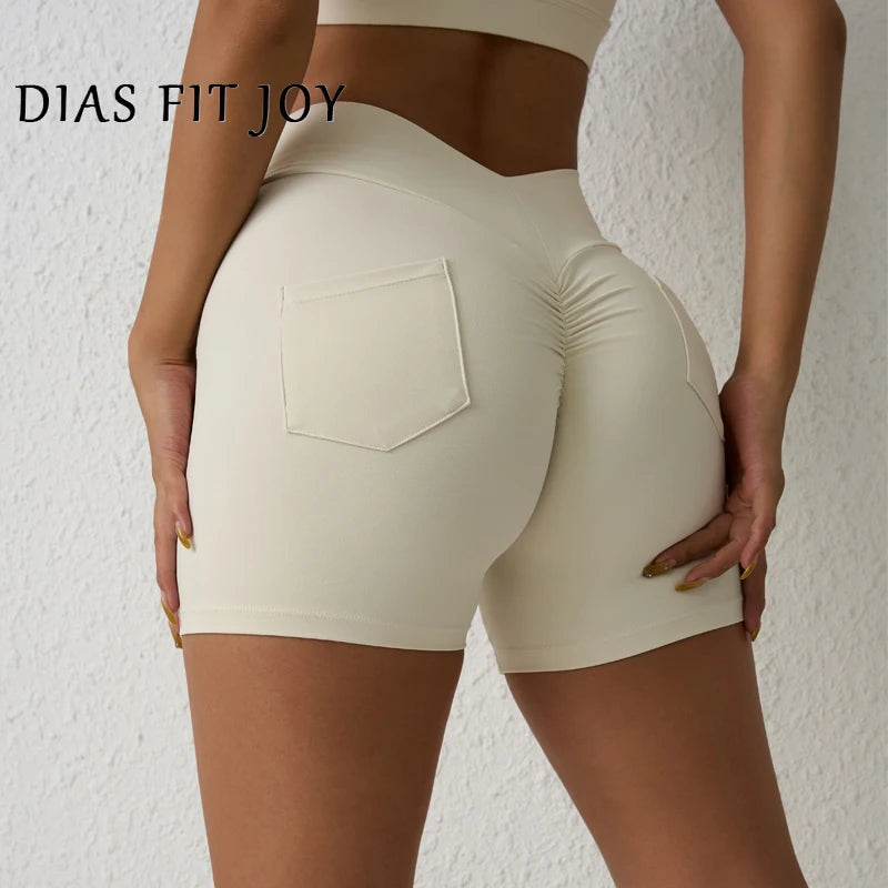 DIAS FIT JOY Women's V-waist Pleated Yoga Shorts Pocket Shorts Fitness Hip Lifting Quick Drying Gym Training Shorts
