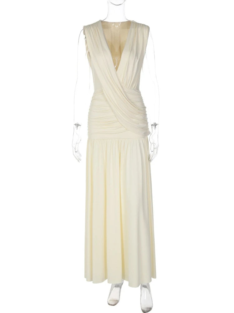 FDYOUI Womens Chic V-neck Sleeveless Pleated Long Maxi Holiday Dress Ladies Summer High Waist Tunics Solid Evening Party Dresses