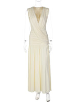 FDYOUI Womens Chic V-neck Sleeveless Pleated Long Maxi Holiday Dress Ladies Summer High Waist Tunics Solid Evening Party Dresses