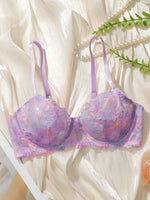 Women's Comfortable Bra Purple Embroidered Lace with Steel Ring Gatherable Adjustable Straps Underwear MR2860