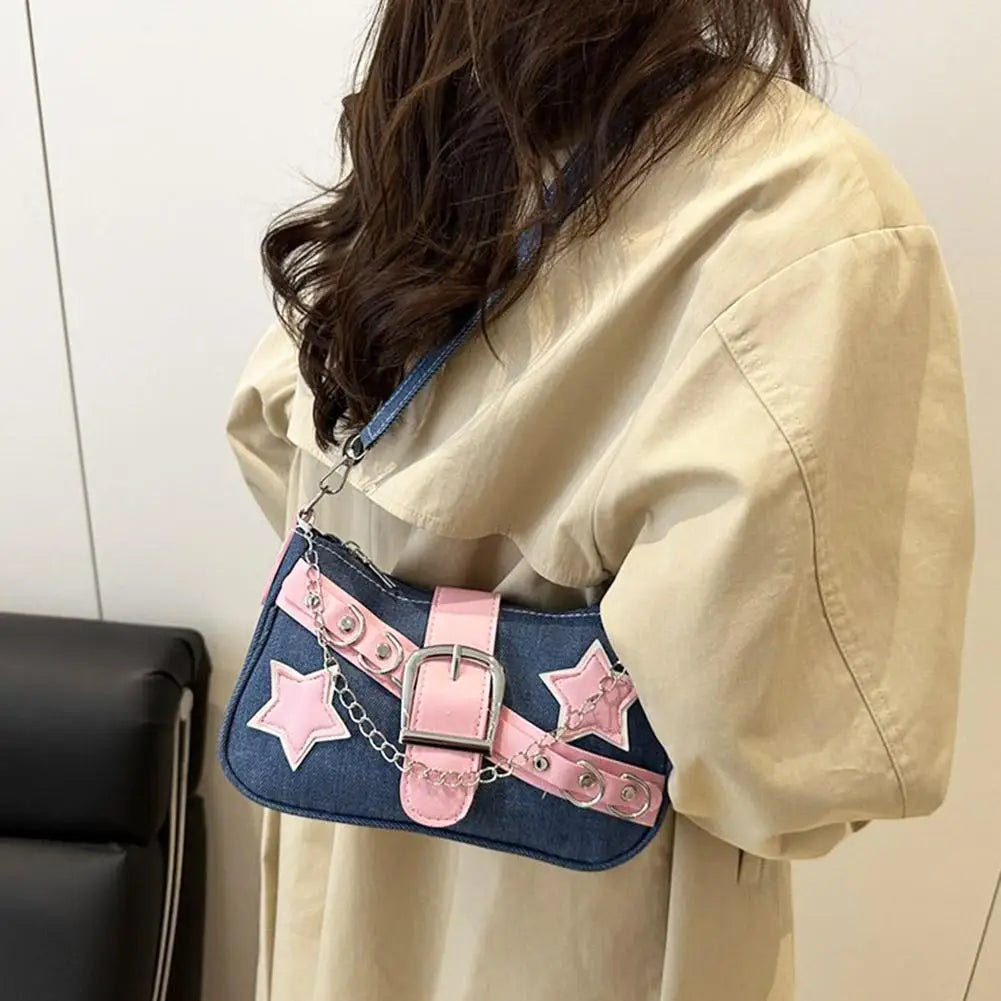 Fashion Women's Handbags Denim Stars Pattern Cool Girls Underarm Bag Female Small Shoulder Hobo Bags Chain Tote Bag