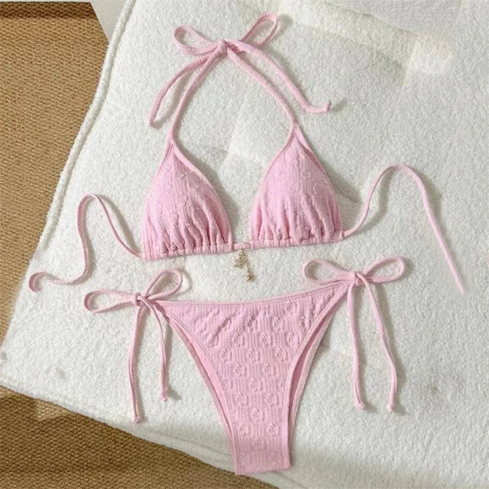 Pink Flower Emboss Solid Swimwears Halter String Triangle Bikini Micro Thong Sexy Swimsuit Women 2026 Bathing Suit Bikinis Sets