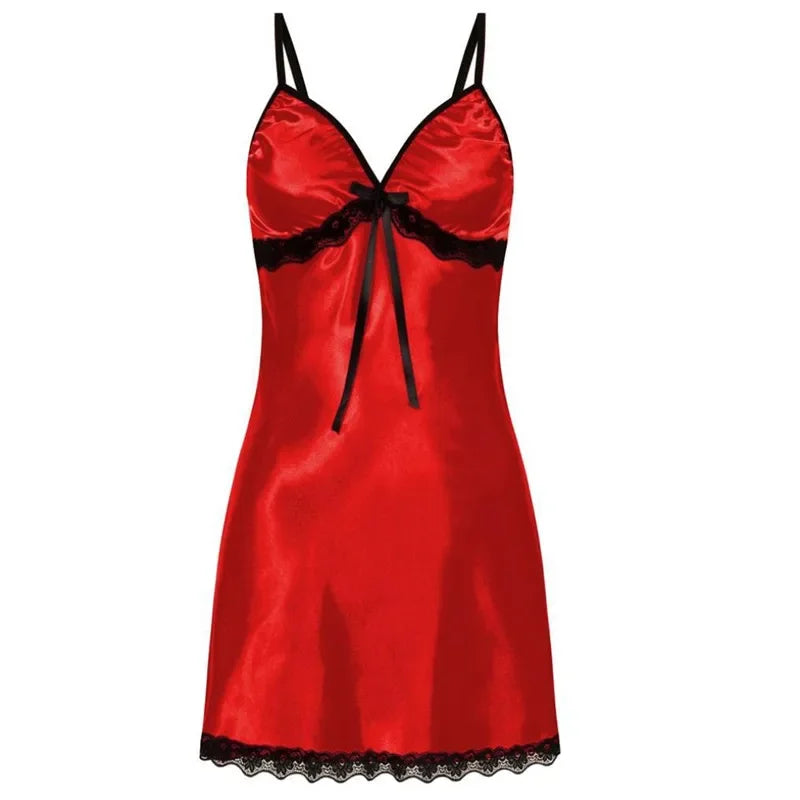 Lace Silk Satin Sleepwear Women Sexy Lingerie Night Dress Sleeveless Straps Mini Dress with Panties Nighties Nightgown