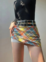 Plaid Double Waistband A-line Short SkirtWomen American Style Street High Waist Casual Collision Color Wrap Hip Skirt OJR7