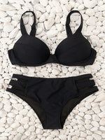 Solid Color Black Two Piece Swimsuit for Women Sexy Underwire V-neck Suspender Backless Bikini Set High Waist Beach Swimwear