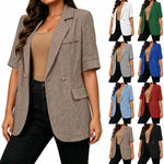 Women Textured Blazer Jacket Lapel Collar Double Breasted Half Sleeve Pocket Loose Suit Coat Elegant Office Summer Outerwear