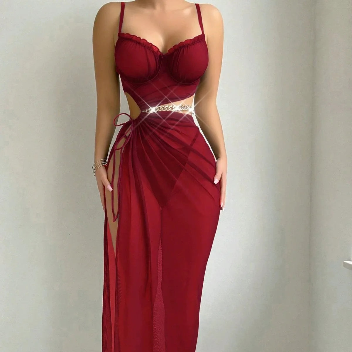 Women Exotic Babydoll Mesh Lingerie Dresses Sexy See Through Sheer Drawstring Split Nightgown Thong Set Naughty Sleepwear