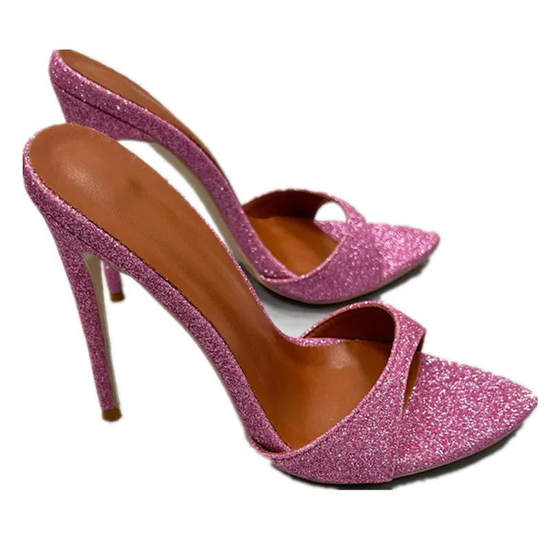 Open Pointy Glitter Mules With High Heels Women Holiday Summer Crocodile Leather Shoes Lady Multicolor Party Casual Slippers