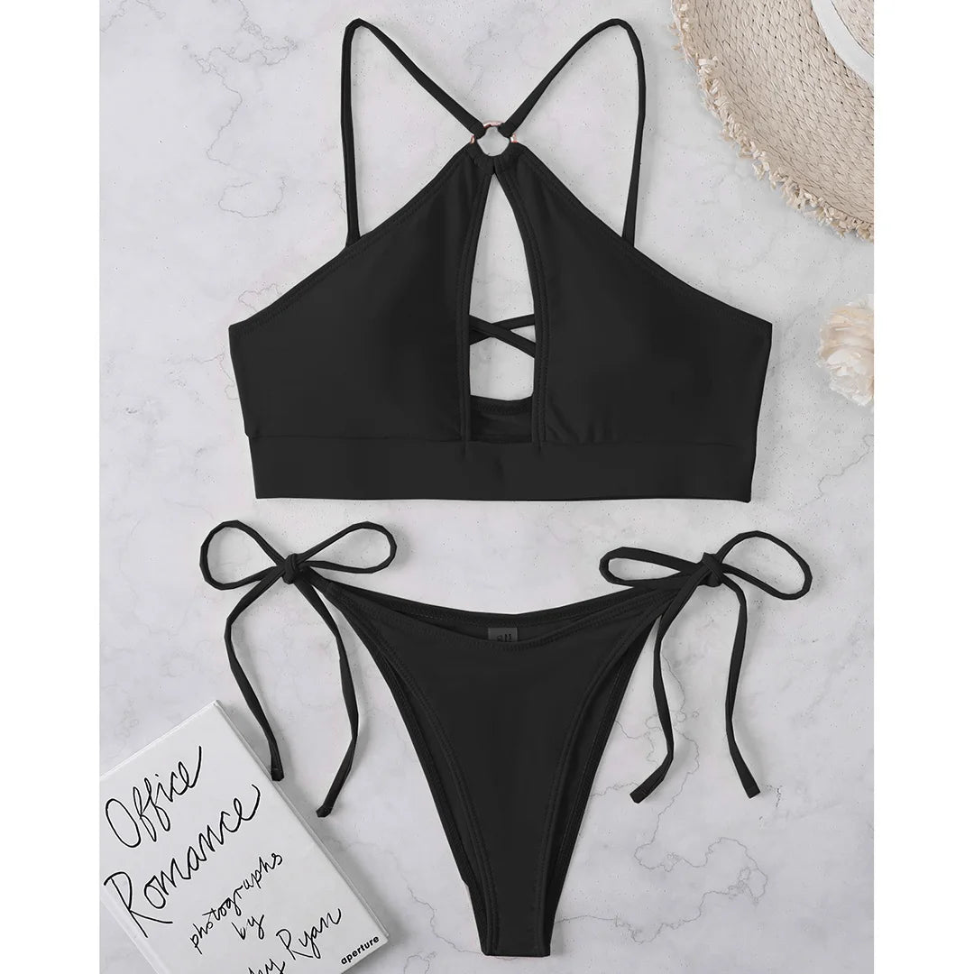 Cut Out Halter Bikini Female Swimsuit Women Swimwear Two-Pieces Bikini Set Padded Strappy Bather Bathing Suit Swim Lady V3423