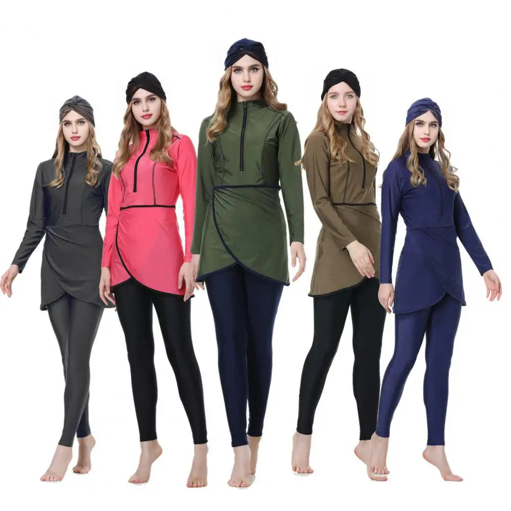 3Pcs/Set Women Split Swimsuit Front Skirt Secure Zipper Closure UV Protection Tops Long Swimming Trousers Set With Headscarf