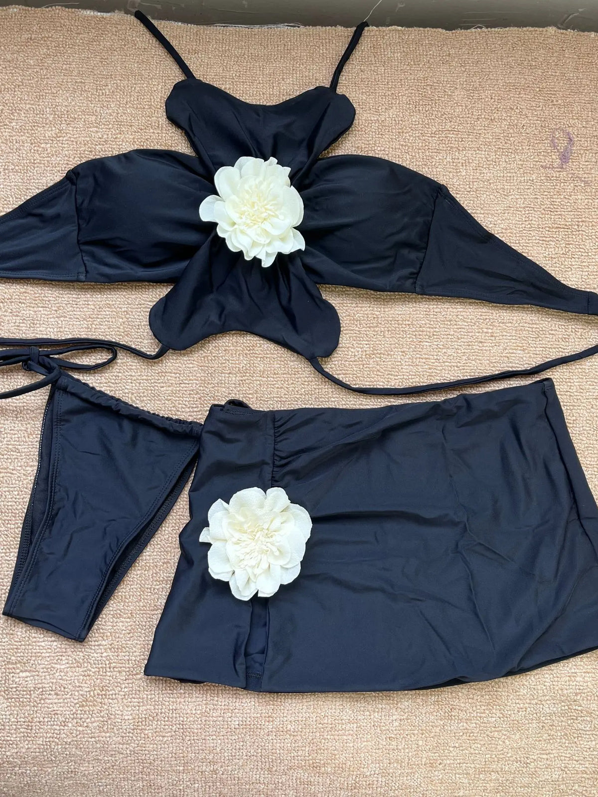 DEKA Women Sexy Green 3D Floral Bikinis Set Halter Push Up Pleate Skirt 3 Piece Swimsuit Beach Bathing Suit Thong Swimwear
