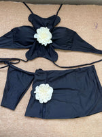 DEKA Women Sexy Green 3D Floral Bikinis Set Halter Push Up Pleate Skirt 3 Piece Swimsuit Beach Bathing Suit Thong Swimwear