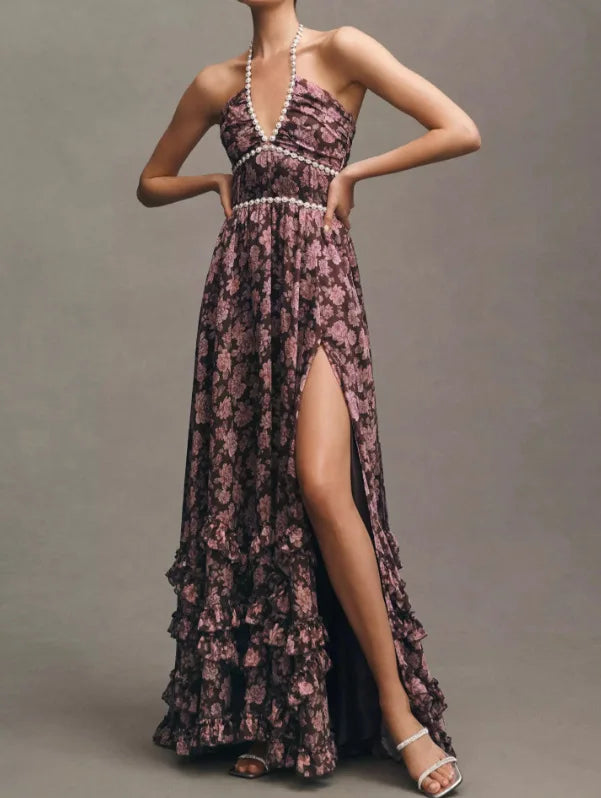 Women's Fashion Flower Print Bead Chain Halter Neck Long Dresses Sexy V-neck Backless Leace-up Slit Dress Lady Party Vestidos