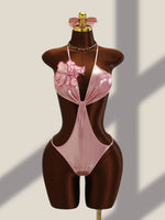 DEKA 2026 New Shiny Pink Flower One Piece Swimsuit High Cut Sleeveless Glossy Bodysuit Sexy Back Monokini Swimwear Beachwear