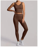 Fake Two Piece Tank Top Yoga Sets Women Lace V Neck Sports Vest Fitness Suit Hip Lifting High Waist Leggings Workout Clothes