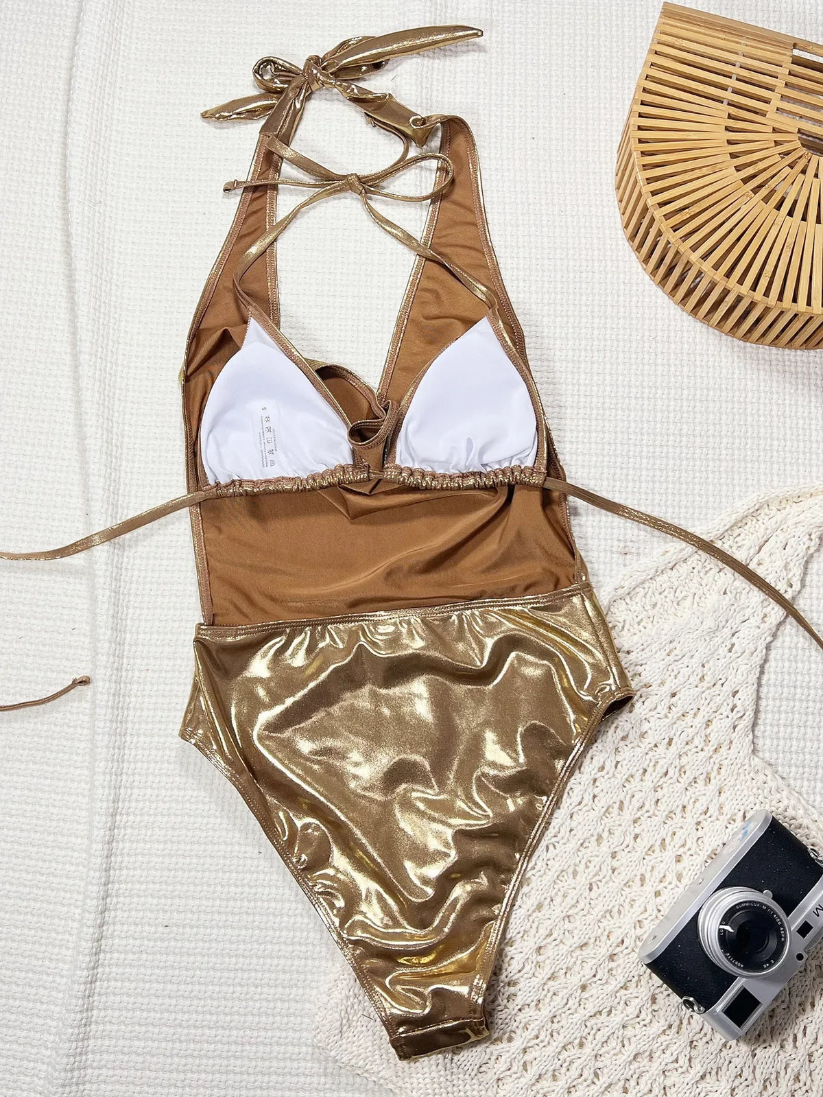 Shiny Brozing Gold Swimwear Women 2026 Ruffles V Neck Backless Bandage Tummy Control Holiday Bathing Suits One Piece Swimsuit