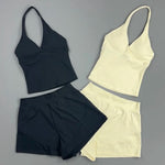 2 Piece Yoga Set Women Halter Deep V Neck Wrap Top Quick‑Dry Athletic Shorts Stretchy Gentle on Skin Suit Gym Workout Sportswear