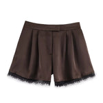Women's Fashion Satin Texture Casual Style Shorts Elegant Brown Satin Pleated Shorts For Women High-Waisted Black Lace Trim PPDS