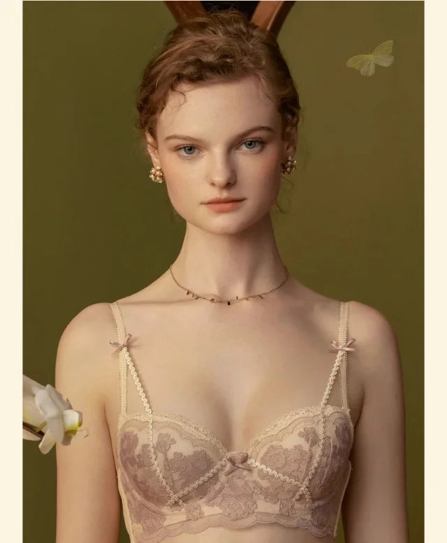 Antique French Lace Underwire Bra | Retro Petite Deep V Plunge Set | Summer Non-Padded Lingerie | Sexy Bridal Push Up Effect