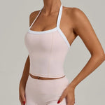 Women's Seamless Yoga Tank Top - Adjustable HALTER Neck & Quick-Dry Fitness Shirt Color Block Running Sports Gym Workout Top
