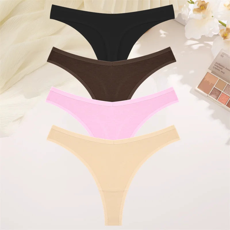 4PCS Women Seamless Thong Cotton Thin Strap Low Waist High Flexibility Panties Sexy Underwear Ladies Briefs T-back Soft Women