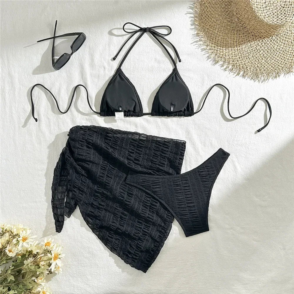 Yellow Micro Thong 3 Piece Bikini Set Damen Mesh Cover Up String Halter Swimwear Sexy Swimsuit Women 2025 Bathing Suit Bikinis