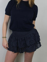 Shirred Mini Skirt A-Line Pointelle High Waist Layered Ruffle Skirt for Women 2024 Summer Solid Color Sweet Skirts