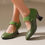 Summer Spring Cute Women Pumps Round Toe 6.5cm Small Heels Flock and PU Ankle Strap Buckle Green Yellow Big Size 46 48
