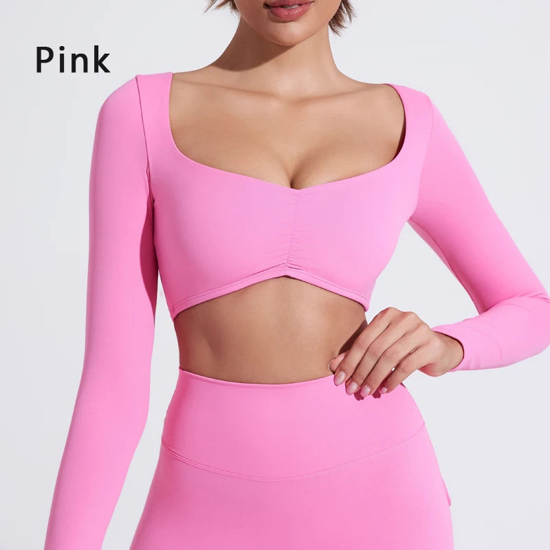 DIAS FIT JOY Nylon Gym Top Yoga Long Sleeved T-Shirt Tight Pleated Sports Top Women's Waist Tight Yoga Top