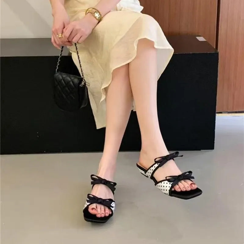 Bow Women Slippers High Heeled Sandals Shoes Square Toe Elegant 2026 Summer Trend Toe Dress Party
