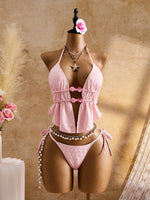 Sexy Thong Bikini 2026 Mujer Women Pink Pearls Hollow Out Pleate Ruffles Push Up Swimsuit Beach Bathing Suit Holiday Swimwear