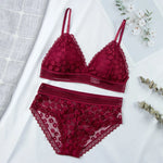 Women Floral Lace Bras Suit Solid Underwear Padded Breathable Vest With Briefs Sexy Hollow Out Bralette Thin Lingerie One Size