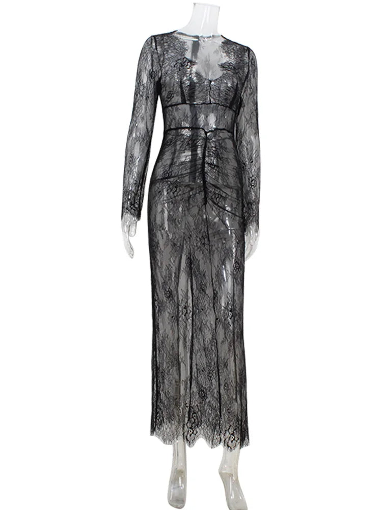 Ahagaga Sexy Club Dresses For Women Lace Solid Sheath Rehular Long Sleeves V-Neck Sheer Slim Fit Maxi Bodycon Female Vestidos